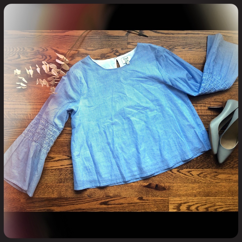 Light Blue and White Pinstripe Blouse with bell sleeves